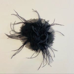 CHANEL Black Ostrich Feather Camellia Silk Brooch